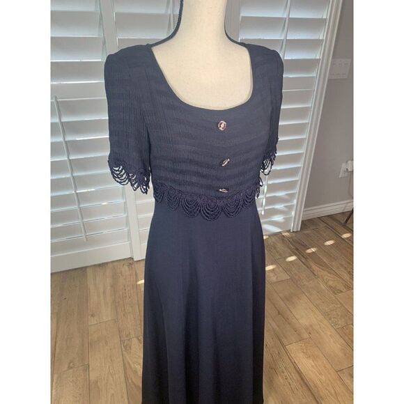 Vtg 80s Deadstock Lion Dark Blue Cocktail Dress 9 Ballet Length Rayon Empire - Picture 2 of 12